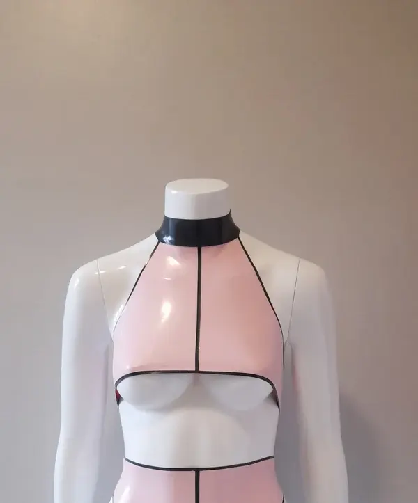 Latex Pin-Striped Underboob Crop Top with Halter Neck and Snap Collar