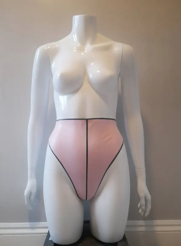 Latex High-Waist Thong Knickers with Contrast Trim and Center Stripe