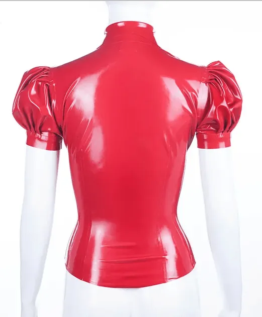 Model wearing retro rubber fetish secretary shirt showing fitted waist and voluminous sleeves