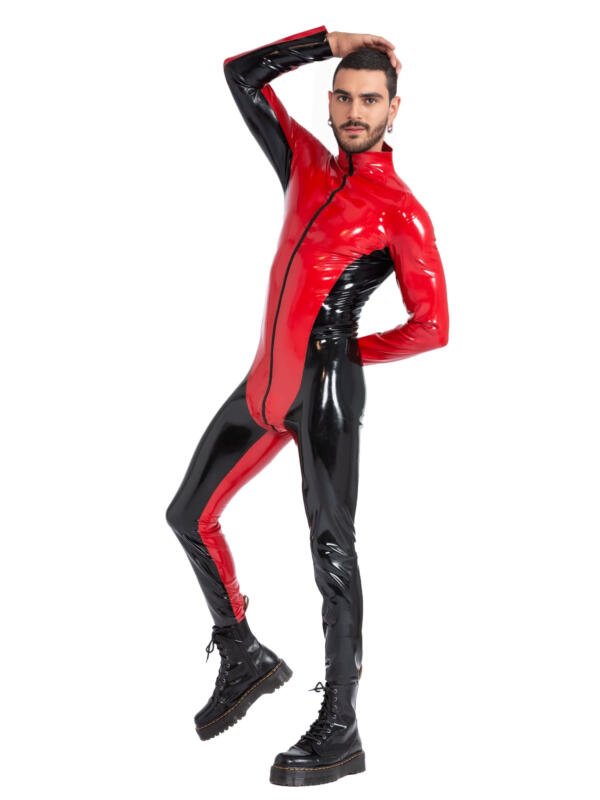 LLS-0001 (2) Blazing Bicolor Latex Catsuit Red and Black with front zipper