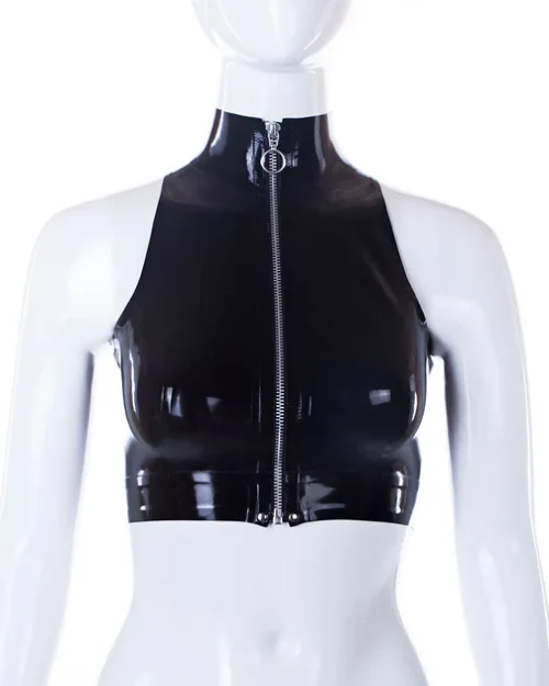 Adriana High Neck Latex Crop Top with O-Ring Zipper – Sleeveless Glossy Finish