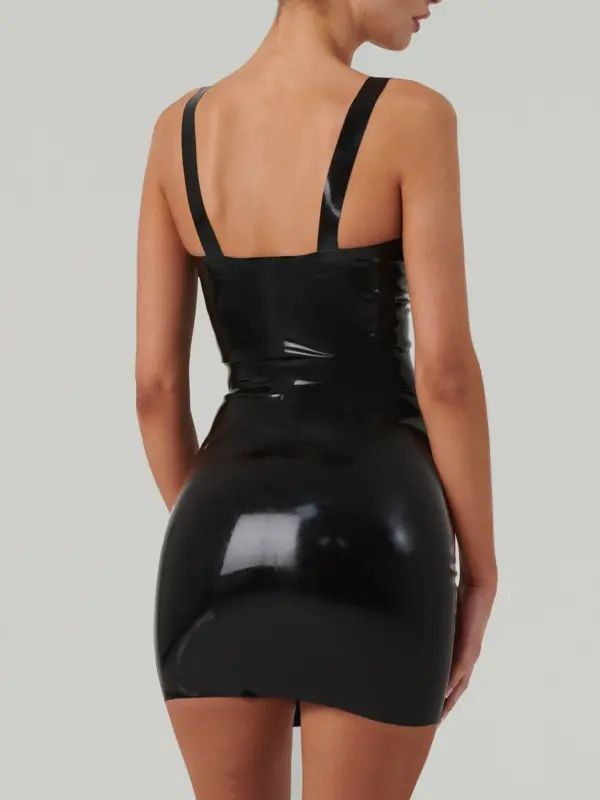 Back view of black latex mini dress showing low cut back design
