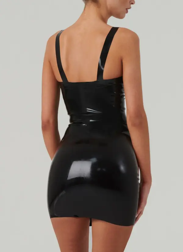 Back view of black latex mini dress showing low cut back design