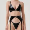 Libertine 3-Piece Latex Lingerie Set with gold buckles front view