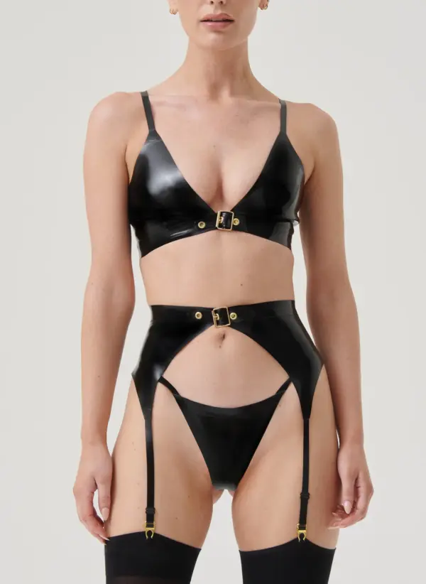 Libertine 3-Piece Latex Lingerie Set with gold buckles front view