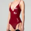 Side profile of burgundy Latex Suspender Bodysuit showing functional garter strap attached to a stocking