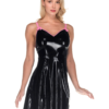 Front view of cute black latex mini dress with pink shoulder bows and A-line cut