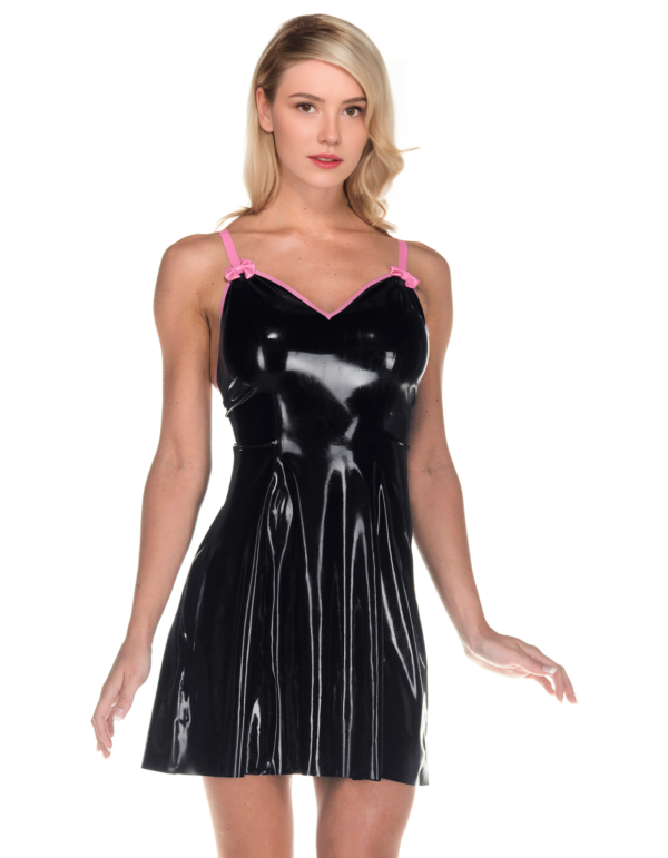 Front view of cute black latex mini dress with pink shoulder bows and A-line cut