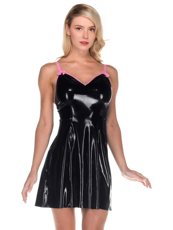 Front view of cute black latex mini dress with pink shoulder bows and A-line cut