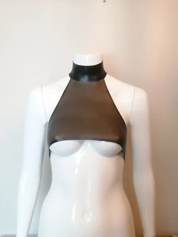 Custom Latex Underboob Halter Top with High Neck and Popper Fastening