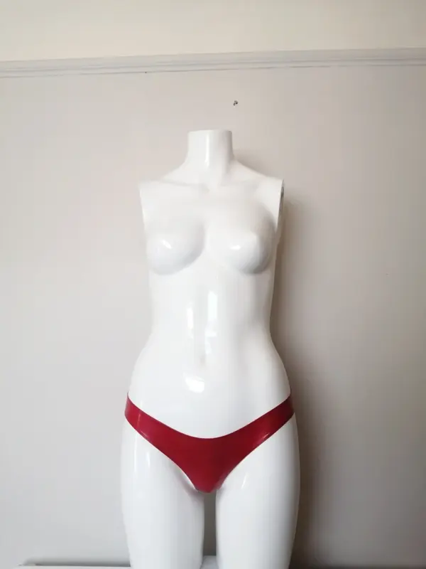 Luxe Red Latex Briefs with low rise cut on mannequin front view