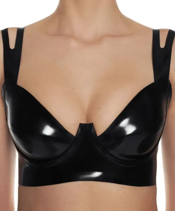 Latex Underwire Bra with Cutout Straps and Metal Zipper detail