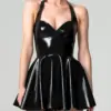 Front view of black Latex Halter Mini Dress with sweetheart neckline and flared skater skirt