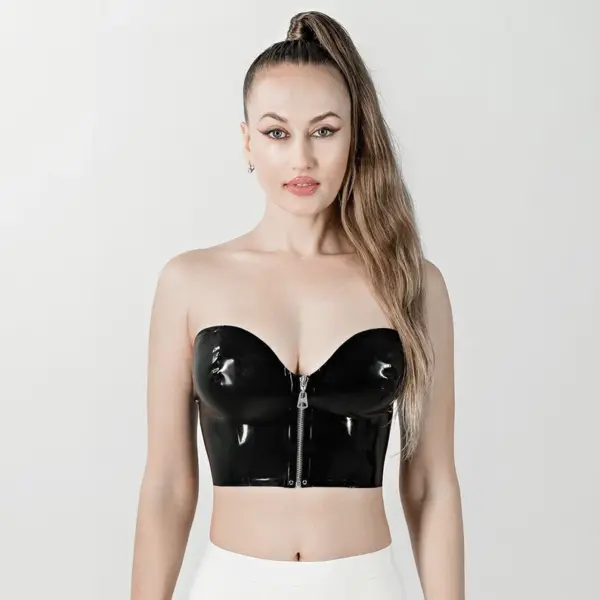 Front Zip Latex Bustier Top strapless black front view