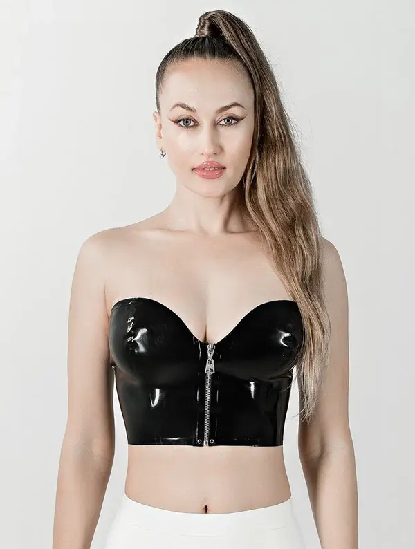 Front Zip Latex Bustier Top strapless black front view