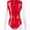 White mannequin wearing tight rubber fetish leotard showing open chest and high cut design