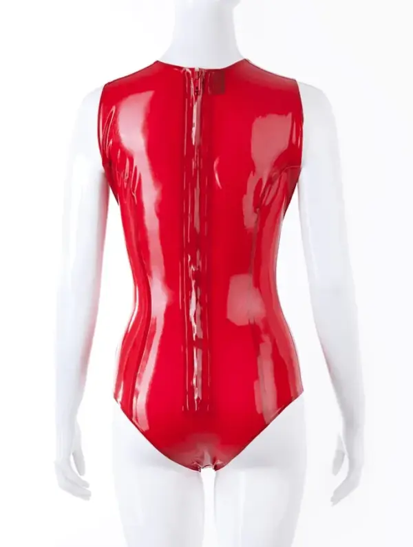 White mannequin wearing tight rubber fetish leotard showing open chest and high cut design