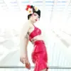 Pearlsheen red latex fishtail skirt with high waist and ruffled hem front view