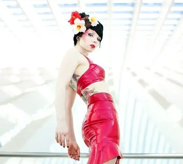 Sleek Red Halter Latex Skirt with Ruffle Hem