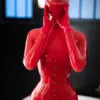 Red Latex Hood with detachable eye mask and mouth cover front view