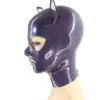 Side view of purple rubber kitty mask with rear zipper