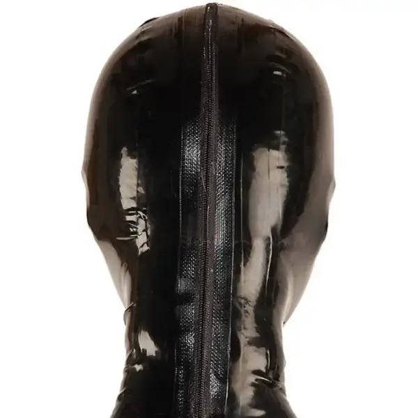 Close up of V-shape forehead trim on black latex fetish hood