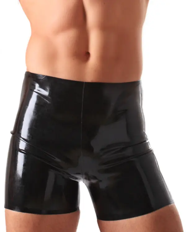 Men's Classic Latex Boxer Shorts in glossy black with seam fit front view