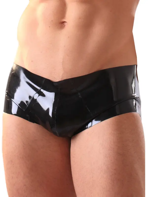 Men's Black Latex Boxer Shorts with hipster cut front view