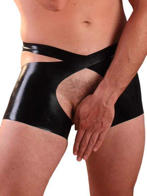 Men's Open Latex Shorts with front and back cutouts black rubber boxers
