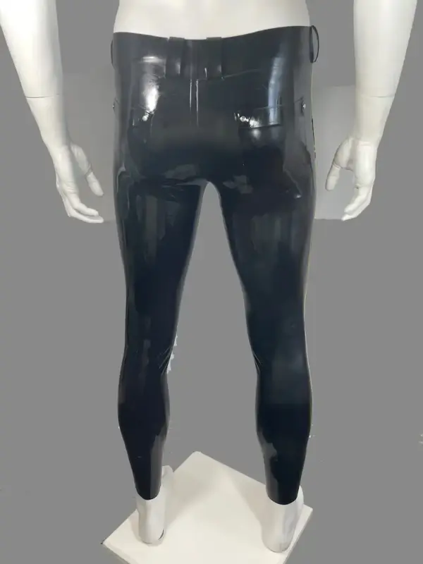 Rear view of slim fit latex pants men streetwear style