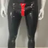 Men's Latex Leggings with Codpiece black rubber pants with red snap pouch