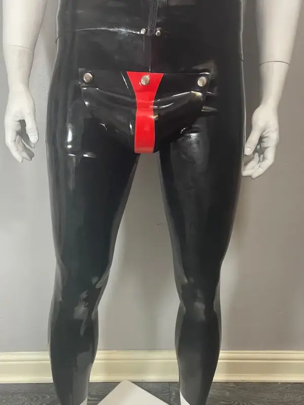 Men's Latex Leggings with Codpiece black rubber pants with red snap pouch