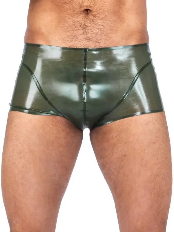 Rear view of army green rubber trunks for men military fetish
