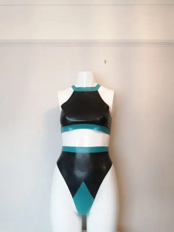 Seductive Cut-Out Black Latex Bodysuit with Shoulder Straps