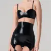 Front view of black Latex Lingerie Set featuring high-waisted girdle with suspender clips and matching bra