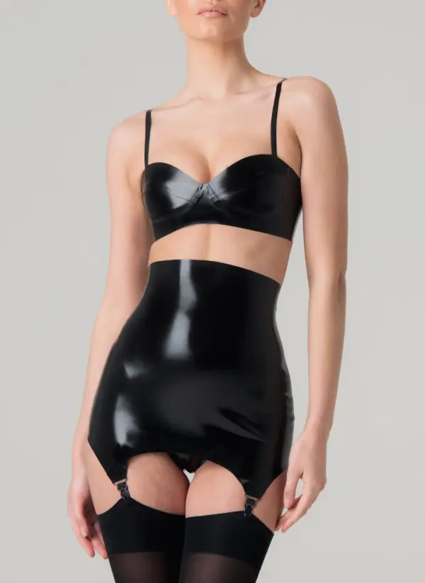 Front view of black Latex Lingerie Set featuring high-waisted girdle with suspender clips and matching bra