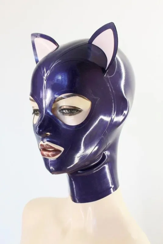 Purple Latex Cat Hood - Trimmed Ears & Back Zipper