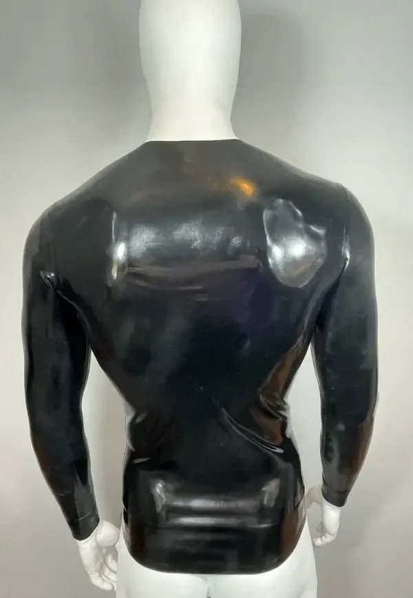 Rear view of sleek fitted latex tee for men base layer style