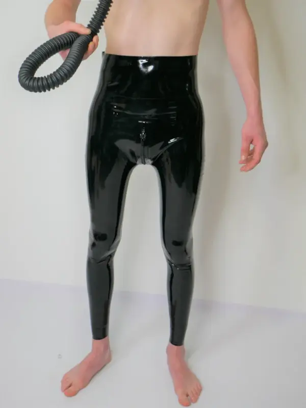 Black latex trousers showing anatomical pouch fit