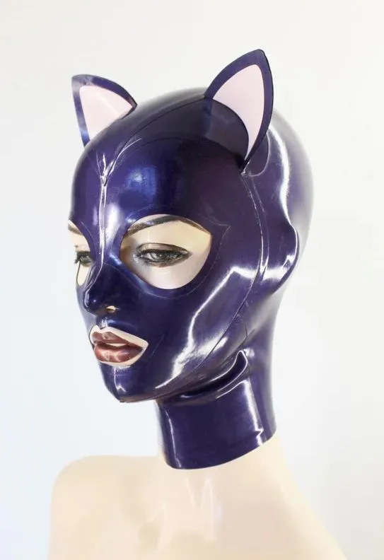 Purple Latex Cat Hood - Trimmed Ears & Back Zipper