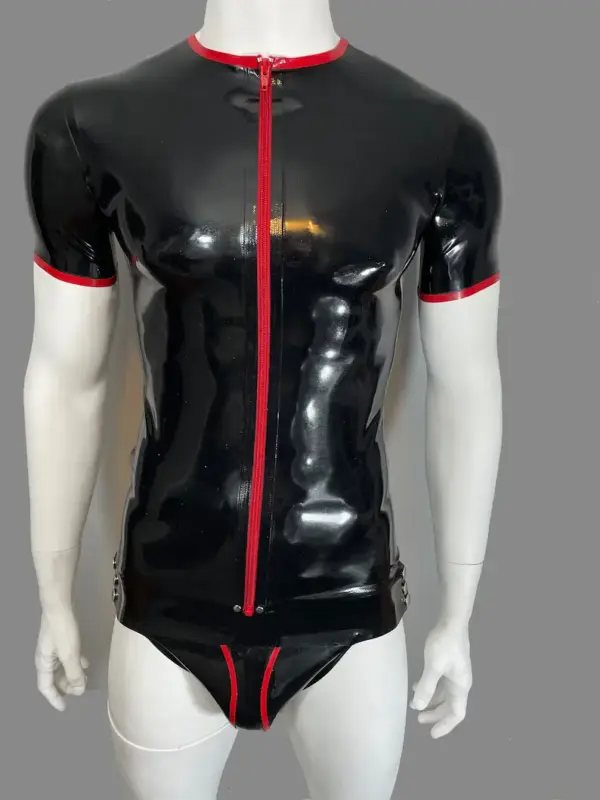 Men's Latex T-Shirt - Red Zip Trim & Crew Neck (0.45mm)