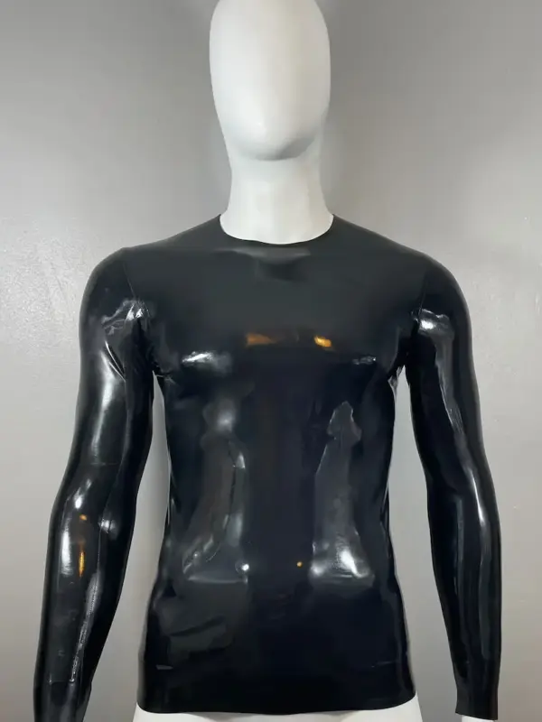 Men's Latex Long Sleeve T-Shirt black rubber crew neck top front view