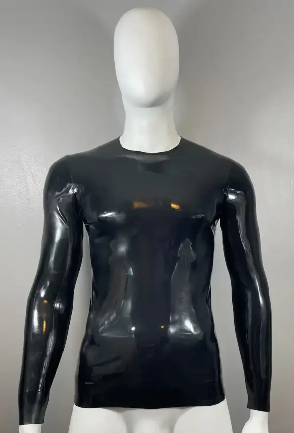 Men's Latex Long Sleeve T-Shirt black rubber crew neck top front view
