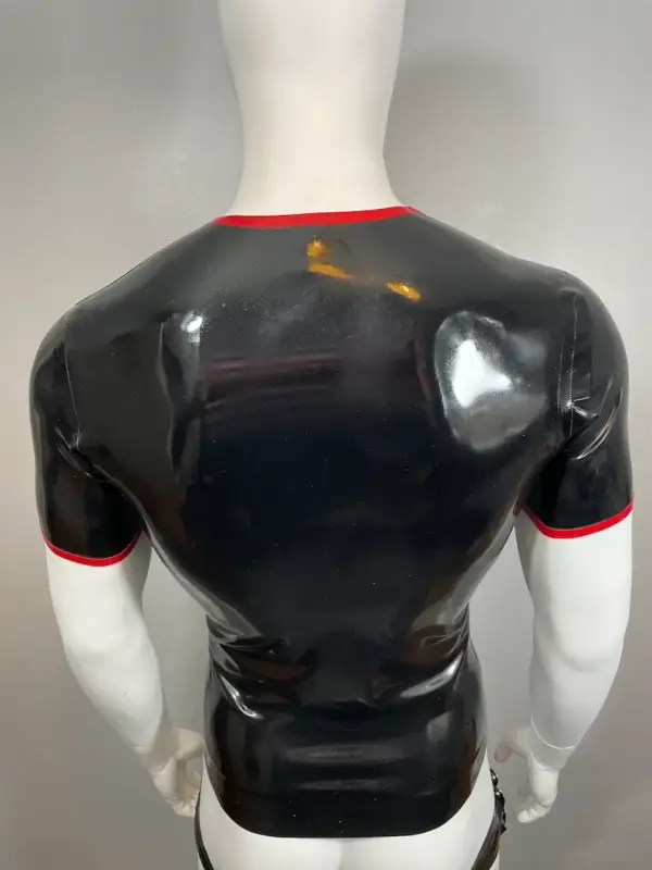 Sleek black latex top for men with red accents sporty style