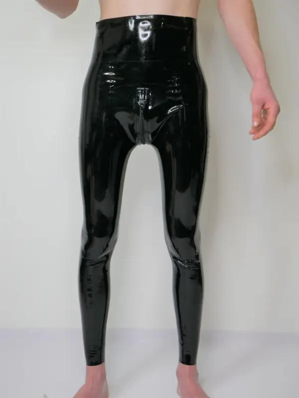 High waisted rubber pants for men with back zipper access