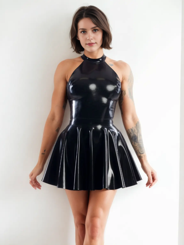 Black Latex Skater Dress - Front Front view of Black Latex Mini Dress with high neck and flared skater skirt