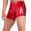 Side view of athletic latex shorts showing black stripe detail