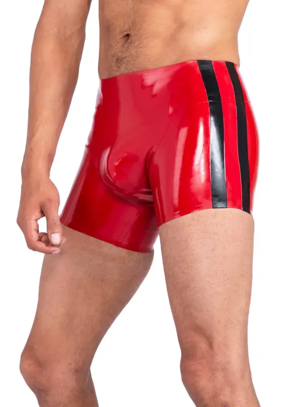 Side view of athletic latex shorts showing black stripe detail