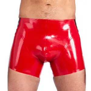 Racing Red Latex Shorts with black side stripes front view