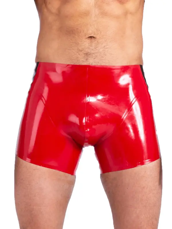 Racing Red Latex Shorts with black side stripes front view